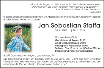 Traueranzeige von Jan Sebastian Staffa von Echo-Zeitungen (Gesamtausgabe)