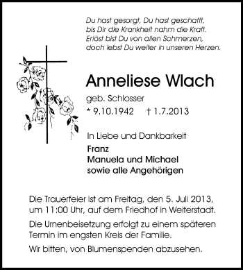Traueranzeige von Anneliese Wlach von Echo-Zeitungen (Gesamtausgabe)