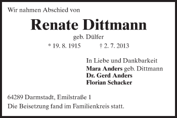 Traueranzeige von Renate Dittmann von Echo-Zeitungen (Gesamtausgabe)