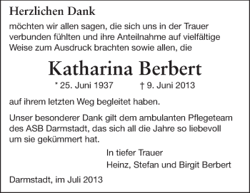 Traueranzeige von Katharina Berbert von Echo-Zeitungen (Gesamtausgabe)