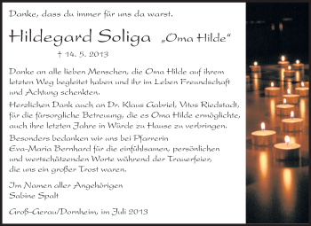 Traueranzeige von Hildegard Soliga von Rüsselsheimer Echo, Groß-Gerauer-Echo, Ried Echo