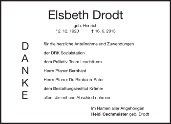 Traueranzeige von Elsbeth Drodt von Rüsselsheimer Echo, Groß-Gerauer-Echo, Ried Echo