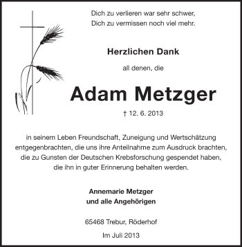 Traueranzeige von Adam Metzger von Rüsselsheimer Echo, Groß-Gerauer-Echo, Ried Echo