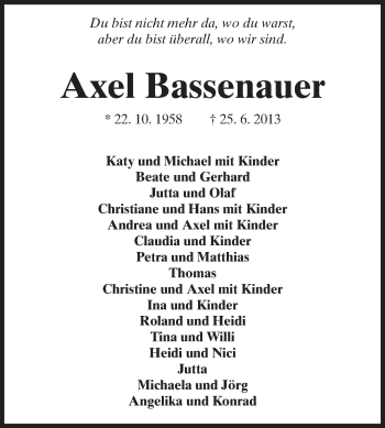 Traueranzeige von Axel Bassenauer von Echo-Zeitungen (Gesamtausgabe)