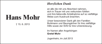 Traueranzeige von Hans Mohr von Echo-Zeitungen (Gesamtausgabe)