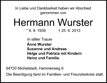 Traueranzeige von Hermann Wurster von Odenwälder Echo