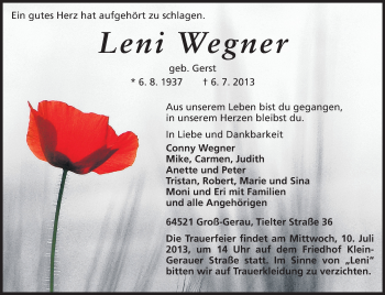 Traueranzeige von Leni Wegner von Rüsselsheimer Echo, Groß-Gerauer-Echo, Ried Echo