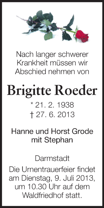 Traueranzeige von Brigitte Roeder von Echo-Zeitungen (Gesamtausgabe)