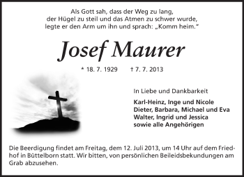Traueranzeige von Josef Maurer von Rüsselsheimer Echo, Groß-Gerauer-Echo, Ried Echo