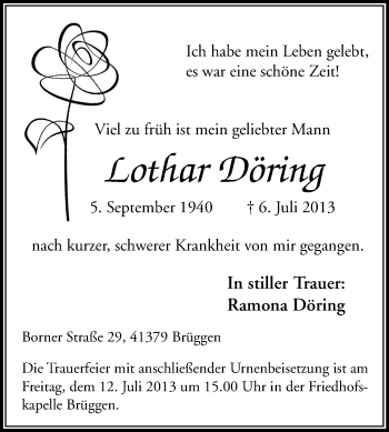 Traueranzeige von Lothar Döring von Echo-Zeitungen (Gesamtausgabe)