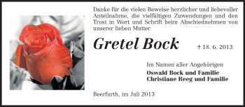 Traueranzeige von Gretel Bock von Odenwälder Echo