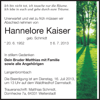 Traueranzeige von Hannelore Kaiser von Echo-Zeitungen (Gesamtausgabe)