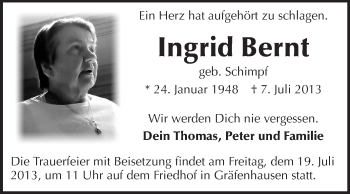 Traueranzeige von Ingrid Bernt von Echo-Zeitungen (Gesamtausgabe)