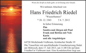 Traueranzeige von Hans Friedrich Riedel von Odenwälder Echo