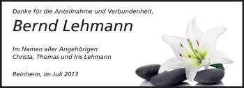 Traueranzeige von Bernd Lehmann von Darmstädter Echo, Odenwälder Echo, Rüsselsheimer Echo, Groß-Gerauer-Echo, Ried Echo