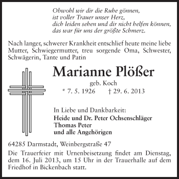 Traueranzeige von Marianne Plößer von Echo-Zeitungen (Gesamtausgabe)
