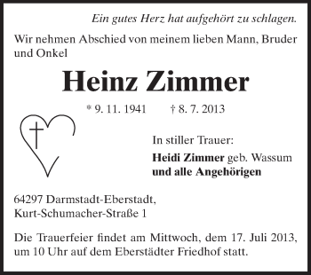 Traueranzeige von Heinz Zimmer von Echo-Zeitungen (Gesamtausgabe)