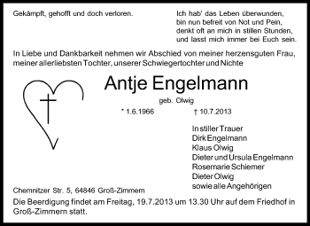 Traueranzeige von Antje Engelmann von Echo-Zeitungen (Gesamtausgabe)