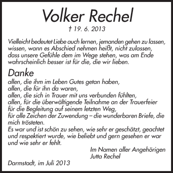 Traueranzeige von Volker Rechel von Darmstädter Echo, Odenwälder Echo, Rüsselsheimer Echo, Groß-Gerauer-Echo, Ried Echo