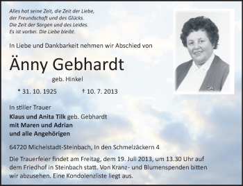 Traueranzeige von Änny Gebhardt von Odenwälder Echo