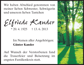 Traueranzeige von Elfriede Kander von Echo-Zeitungen (Gesamtausgabe)