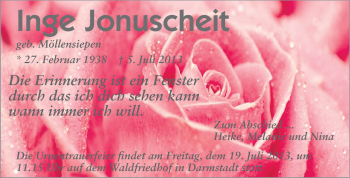 Traueranzeige von Inge Jonuscheit von Echo-Zeitungen (Gesamtausgabe)