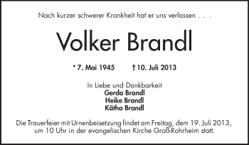 Traueranzeige von Volker Brandl von Starkenburger Echo, Bergsträßer Anzeiger