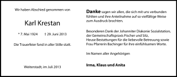 Traueranzeige von Karl Krestan von Echo-Zeitungen (Gesamtausgabe)