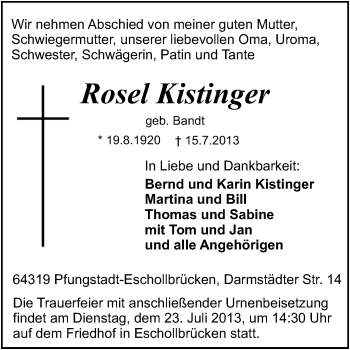 Traueranzeige von Rosel Kistinger von Echo-Zeitungen (Gesamtausgabe)