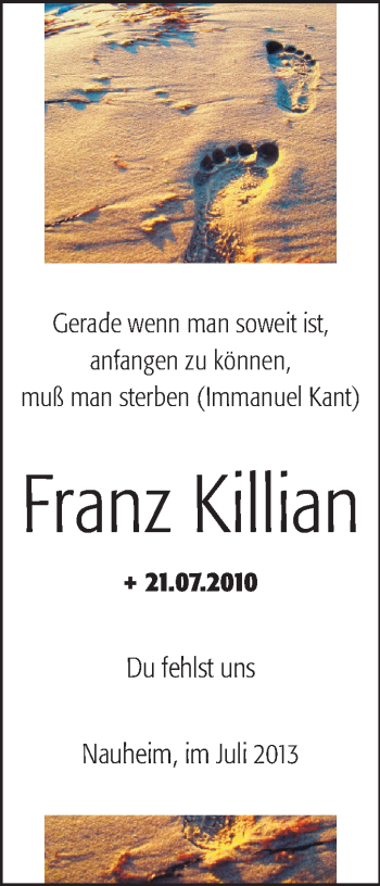 Traueranzeige von Franz Killian von Rüsselsheimer Echo, Groß-Gerauer-Echo, Ried Echo