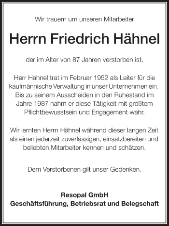 Traueranzeige von Friedrich Hähnel von Echo-Zeitungen (Gesamtausgabe)