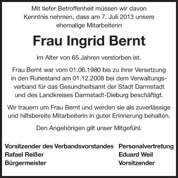 Traueranzeige von Ingrid Bernt von Echo-Zeitungen (Gesamtausgabe)