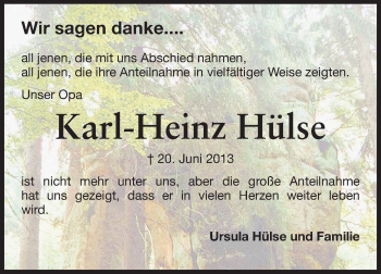 Traueranzeige von Karl-Heinz Hülse von Echo-Zeitungen (Gesamtausgabe)