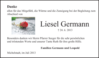 Traueranzeige von Liesel Germann von Odenwälder Echo