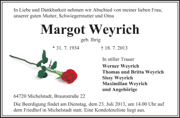 Traueranzeige von Margot Weyrich von Odenwälder Echo