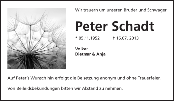 Traueranzeige von Peter Schadt von Rüsselsheimer Echo, Groß-Gerauer-Echo, Ried Echo