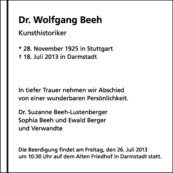 Traueranzeige von Wolfgang Beeh von Echo-Zeitungen (Gesamtausgabe)