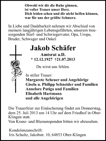 Traueranzeige von Jakob Schäfer von Echo-Zeitungen (Gesamtausgabe)