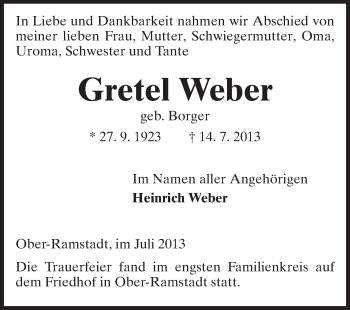 Traueranzeige von Gretel Weber von Echo-Zeitungen (Gesamtausgabe)