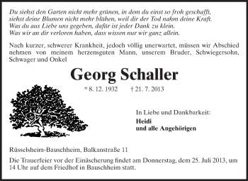 Traueranzeige von Georg Schaller von Rüsselsheimer Echo, Groß-Gerauer-Echo, Ried Echo