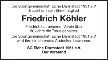 Traueranzeige von Friedrich Köhler von Echo-Zeitungen (Gesamtausgabe)