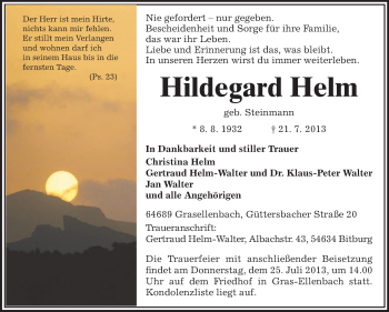 Traueranzeige von Hildegard Helm von Odenwälder Echo