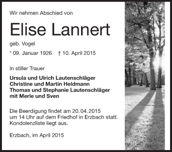 Traueranzeige von Elise Lannert von Starkenburger Echo