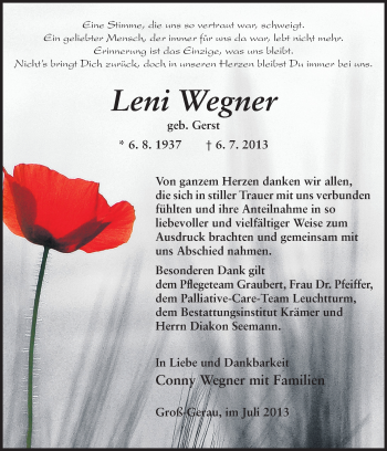 Traueranzeige von Leni Wegner von Rüsselsheimer Echo, Groß-Gerauer-Echo, Ried Echo
