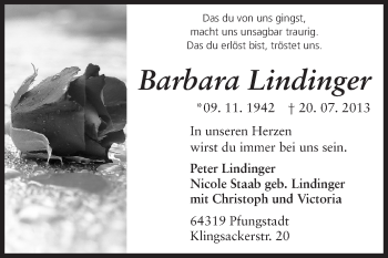 Traueranzeige von Barbara Lindinger von Echo-Zeitungen (Gesamtausgabe)