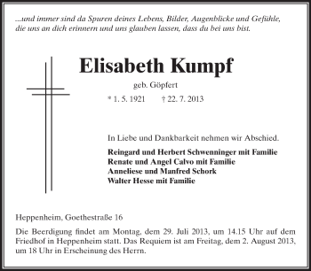 Traueranzeige von Elisabeth Kumpf von Starkenburger Echo