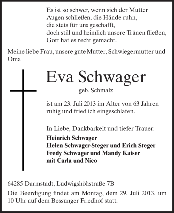 Traueranzeige von Eva Schwager von Echo-Zeitungen (Gesamtausgabe)