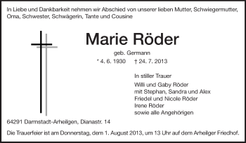 Traueranzeige von Marie Röder von Echo-Zeitungen (Gesamtausgabe)