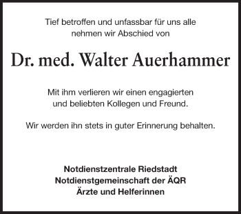 Traueranzeige von Walter Auerhammer von Rüsselsheimer Echo, Groß-Gerauer-Echo, Ried Echo