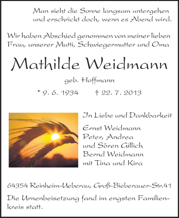 Traueranzeige von Mathilde Weidmann von Echo-Zeitungen (Gesamtausgabe)